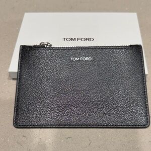 Tom Ford Black Pebbled Leather Zip Pouch with Silver Logo with Box, anew/Unused